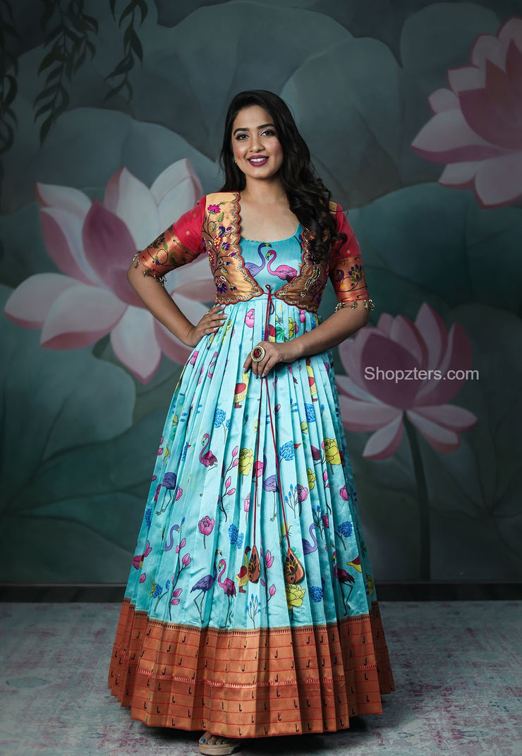 Naintara Bajaj Draped Gown And Jacket Set | Women, Gowns, Blue, Floral,  Georgette, Round, Gown: Sleeveless | Drape gowns, Ladies gown, Aza fashion